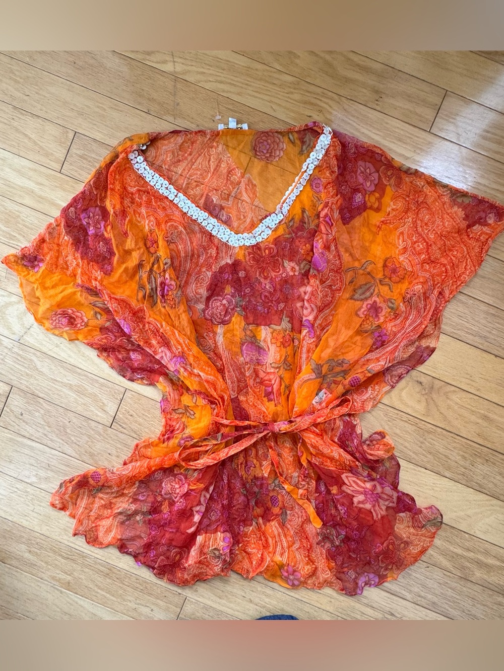 Orange Floral Paisley Hand Beaded Kaftan Tunic Boho Beach Cover Up